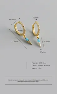 Detail view of S925 silver hoop earrings with marquise turquoise charms and 21.3mm height