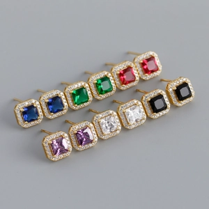 Luxury Square Zirconia Stud Earrings 925 Sterling Silver Post Halo Geometric Colorful Inlaid Earrings For Women Jewelry Gift