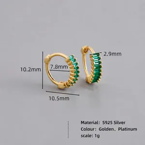 Elegant S925 sterling silver hoop earrings with emerald green baguette cut zircon stones