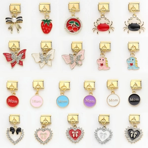 Stainless Steel Enamel Rhinestone Italian Charm Link Dangle Strawberry Butterfly Heart MOM DIY Modular Bracelet Jewelry Pendant
