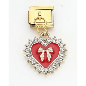 Macro view of stainless steel modular charm with a red enamel heart and zircon stones