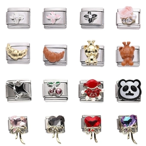Edelstahl Italian Charm Glieder Blume Bär Croissant Herz DIY Armband Anhänger Strass Künstliche Perle Schmuckzubehör