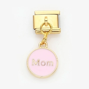 Macro shot of gold-plated pink enamel Mom charm for Italian modular DIY bracelets