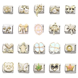 Italienisches Charm Glied Edelstahl Vergoldet Künstliche Perlenimitat Schleife Herz Modulares DIY Armband Schmuck Zubehör Für Damen