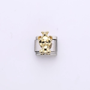 Italienisches Charm-Glied mit goldenem Krönchen-Bären auf Edelstahl-Basis in Silber