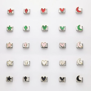 Stainless Steel Italian Modular Charm Links Colorful Star Moon Cross Heart Enamel Rhinestone DIY Bracelet Jewelry Making Accessory