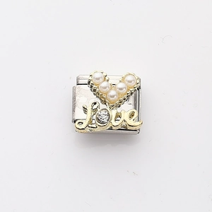 Italienisches Charm-Armbandglied aus Edelstahl mit Perlenherz und Gold-Schriftzug