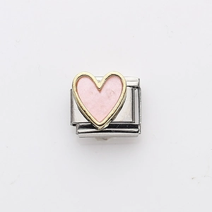 Italian charm bracelet link featuring a pink enamel heart with a gold-plated border