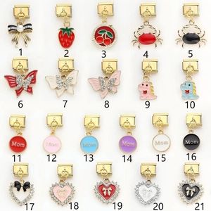Italian modular stainless steel charms set with strawberry, heart, and MOM elements