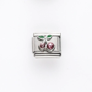 Italienisches Charm mit pinken Kirschen und grünem Emaille für DIY-Armbänder