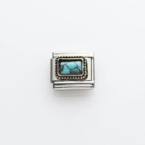 Italian charm link with rectangular turquoise stone and gold wavy frame on steel base
