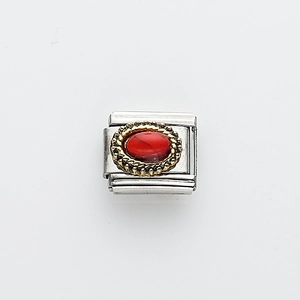 Italian modular charm in stainless steel featuring red oval stone and gold braid border