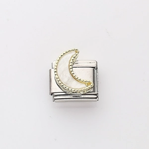 Italian modular charm in stainless steel featuring a gold moon with mother of pearl inlay