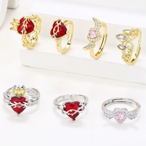 Adjustable couple rings with heart zirconia, angel wings and crown designs in gold and silver