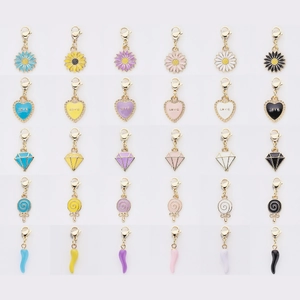 Colorful enamel alloy charms set featuring daisy, heart, and lollipop with lobster clasps