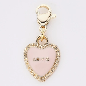 Pink heart-shaped enamel LOVE pendant charm with gold metal frame and lobster clasp