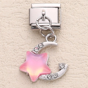 Italian modular charm with crescent moon and pink star pendant for DIY steel bracelet