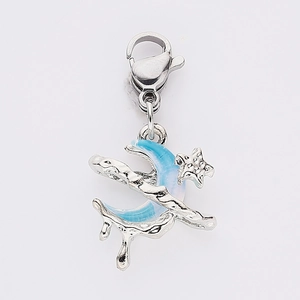 Detail of light blue enamel moon and star pendant with lobster clasp for DIY jewelry