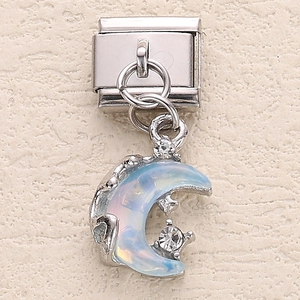 Italian charm stainless steel bracelet link featuring a crescent moon opal pendant