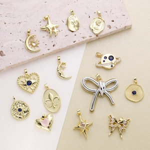 French Vintage Gold Plated Copper Pendant Only Without Chain For Women DIY Jewelry Making Heart Star Moon Coin Charms