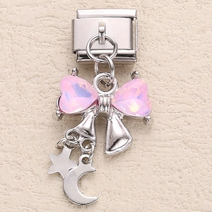 Italian charm pendant with pink crystal bow and silver star moon dangles for DIY bracelet