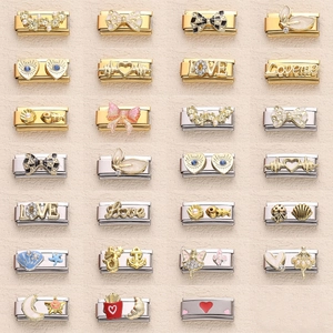 Italian charm link modular jewelry in gold and silver stainless steel with diverse themes