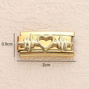 Italian charm link with heartbeat and heart design in gold stainless steel