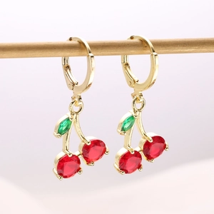 Cute cherry drop earrings with red crystals and green leaves on gold hoop dangles