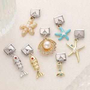 Breloques Italiennes en Acier Inoxydable Animaux Marins Alliage Perle Artificielle Strass Étoile de Mer Coquillage Poisson DIY
