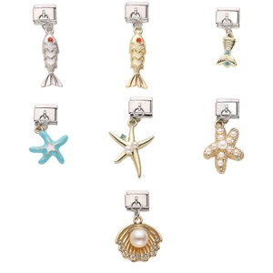 Maillons de bracelet en acier avec breloques marines étoile de mer, coquillage et poisson