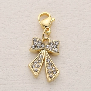 Golden alloy bow pendant with lobster clasp and sparkling rhinestones for DIY jewelry