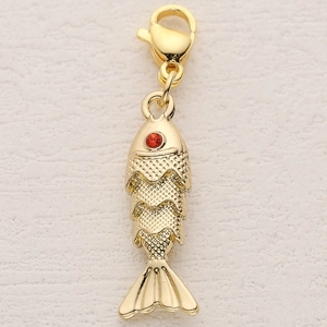 Golden fish charm pendant with red rhinestone eye and lobster clasp for DIY jewelry making