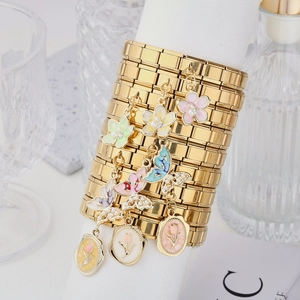 Italian modular charm bracelet with colorful enamel butterfly and tulip pendants in gold finish