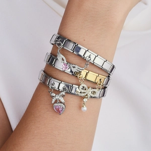 Bracelet italien avec nœud plaqué or 18 carats et pendentif cœur en zircon rose
