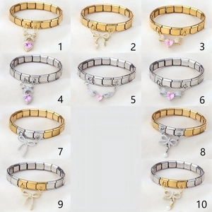 Bracelets modulaires italiens dorés 18K et argentés avec cœurs roses et nœuds