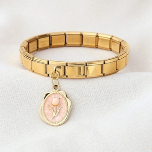 Italian charm bracelet in gold stainless steel with a pink tulip flower pendant