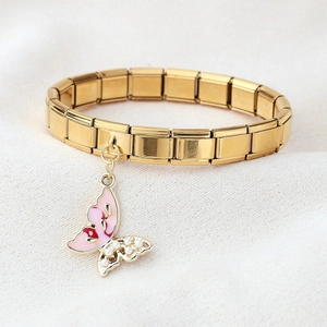 Gold modular charm bracelet with colorful enamel butterfly pendant and small pearls