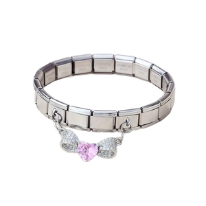 Bracelet italien en acier inoxydable avec pendentif nœud et cœur en zircon rose