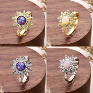 Bagues tournesol rotatives avec micro-pavé de zircon et opale en plaqué or et argent