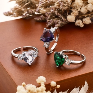 Adjustable silver heart ring with colorful zircon stones in purple white and green