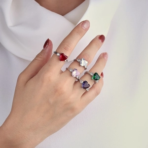 Five-piece heart zircon ring set with colorful gemstones in silver metal settings