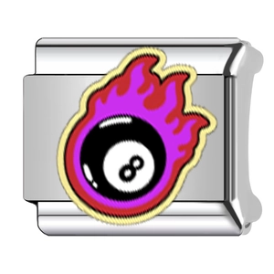 Italian modular charm in stainless steel featuring a black 8-ball with purple flames