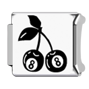 Macro shot of Italian charm link featuring creative 8-ball cherry design in stainless steel