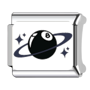 Detail of Italian modular charm in stainless steel featuring black 8 ball with star rings