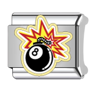 Italian modular charm in stainless steel featuring a black 8-ball bomb design