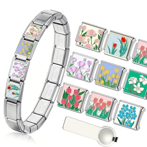 Italian modular charm bracelet with floral enamel links and stainless steel tool