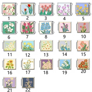 Italian charm bracelet links featuring 22 floral enamel patterns on stainless steel bases