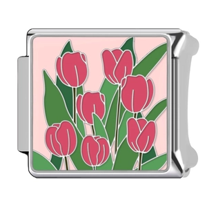 Italian charm link for DIY bracelet with pink tulip flower design on stainless steel