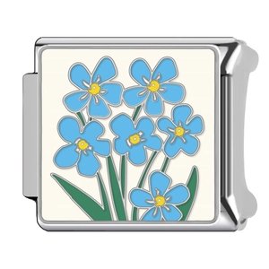 Italian charm bracelet link in stainless steel with blue forget-me-not flower design