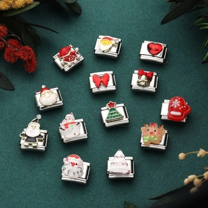 Stainless Steel Christmas Italian Charm Links Santa Tree Enamel Rhinestone Artificial Pearl Modular Bracelet Charms DIY Accessories
